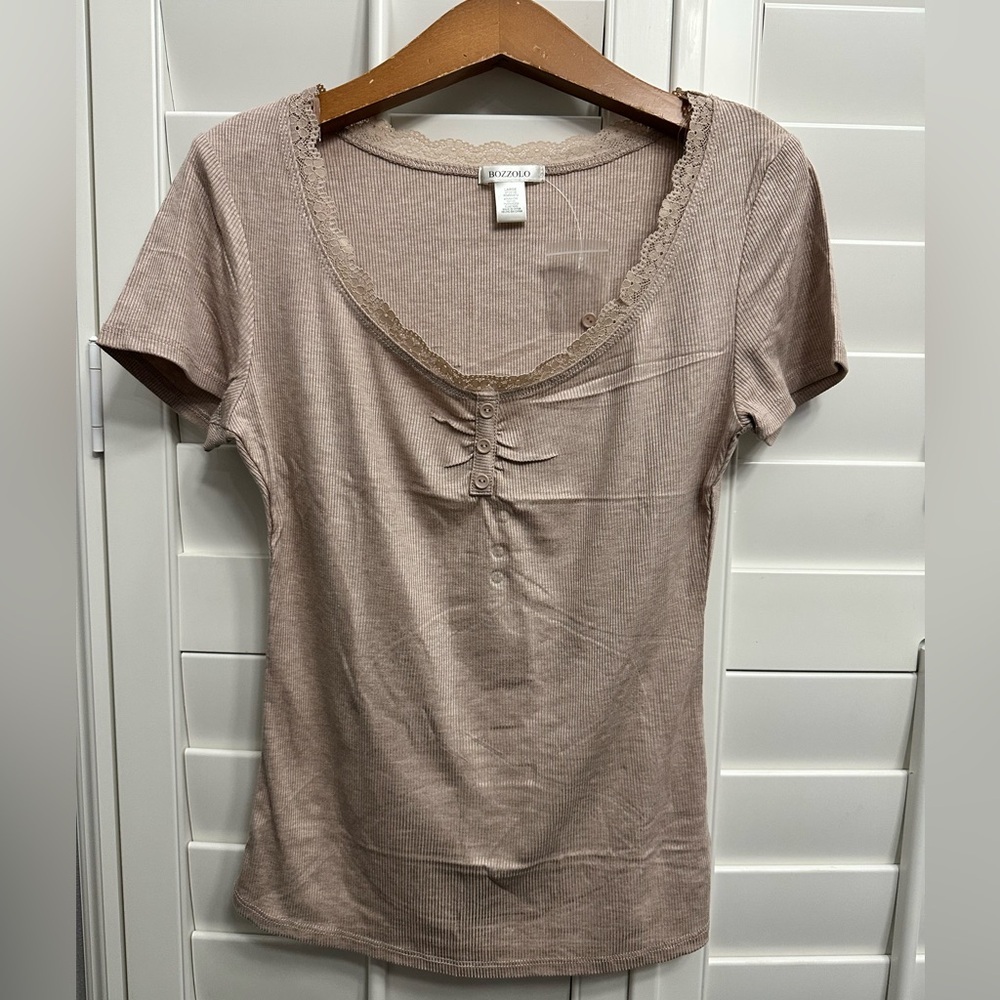 Bozzolo Lace Trim Ribbed Henley Top Taupe‎ Beige HT23105 Womens Large